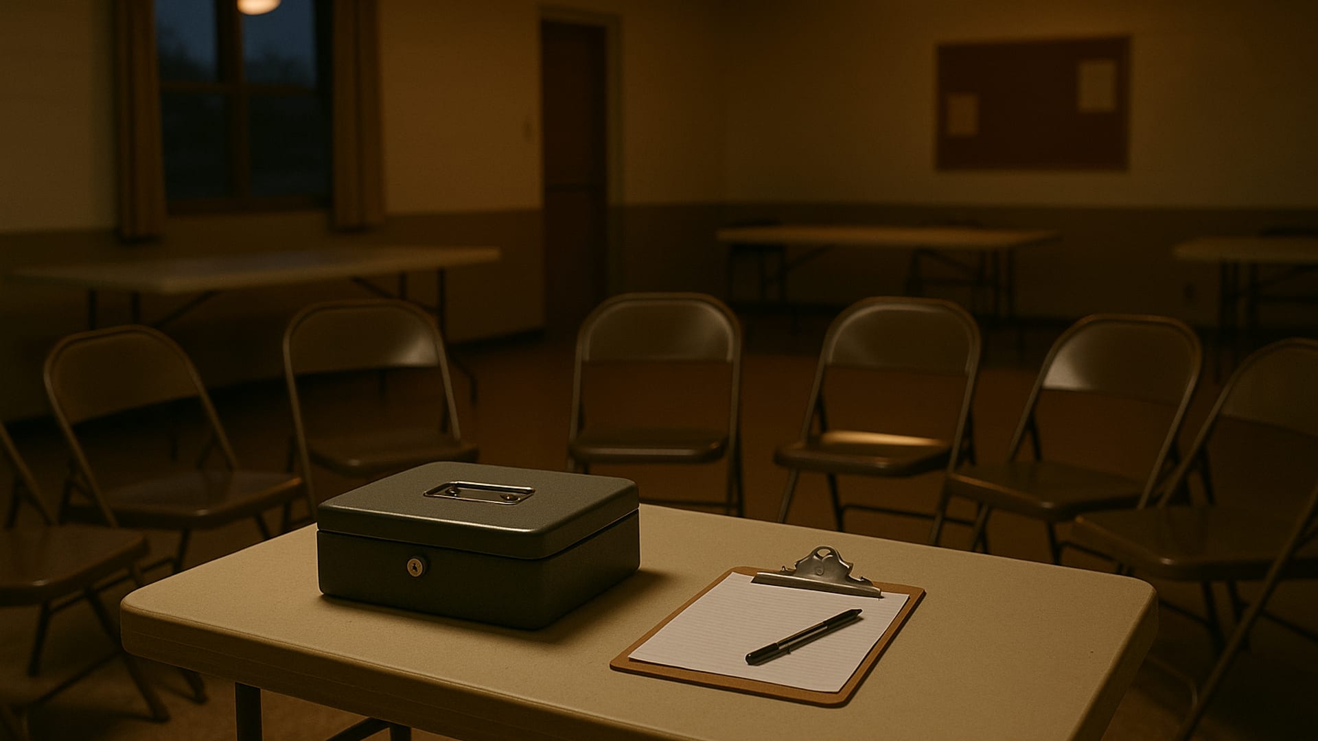 A small nonprofit community room with a closed metal cash box on a folding table