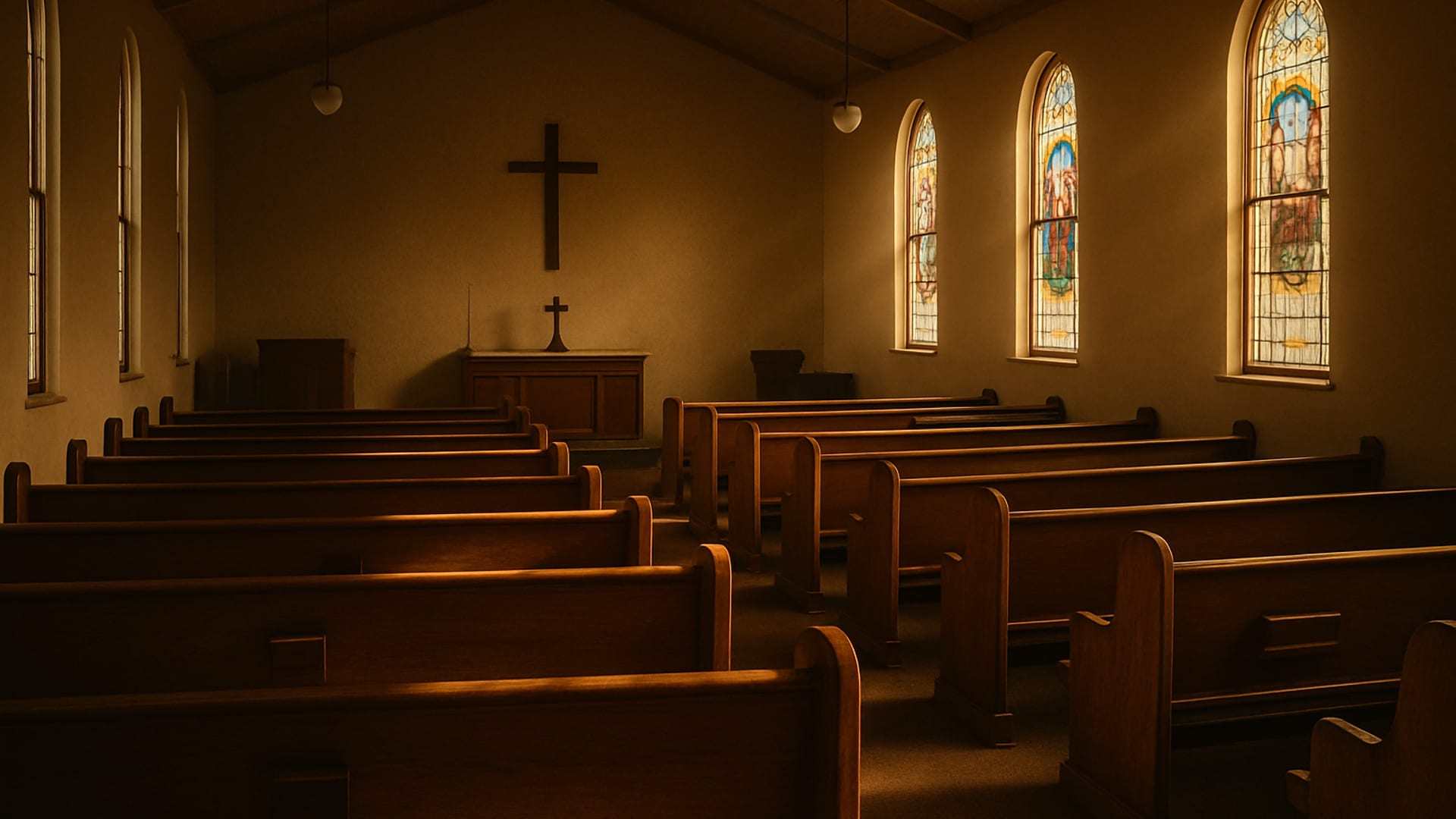A historic church sanctuary at evening prayer, empty pews and warm light