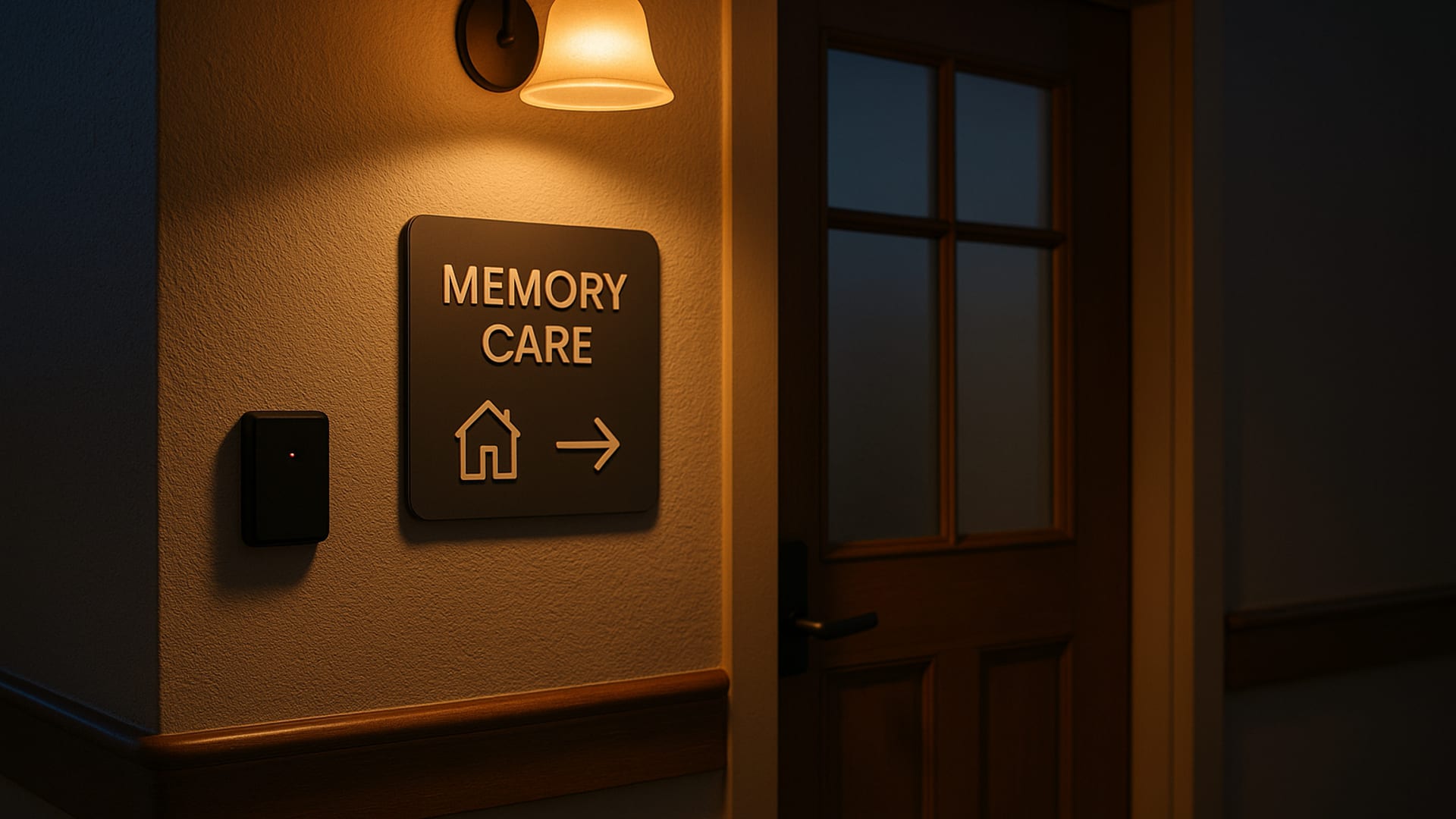 A senior living memory care wing door at dusk with a discreet wander-management reader on the wall