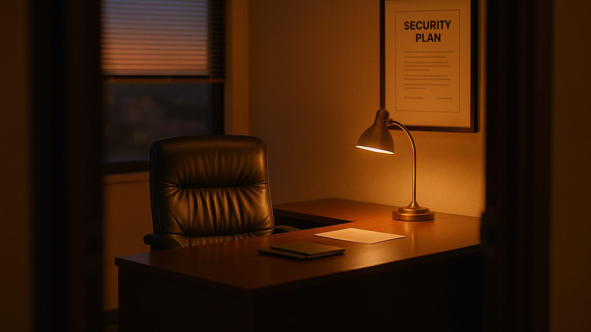 A calm office scene with a security plan open on a desk