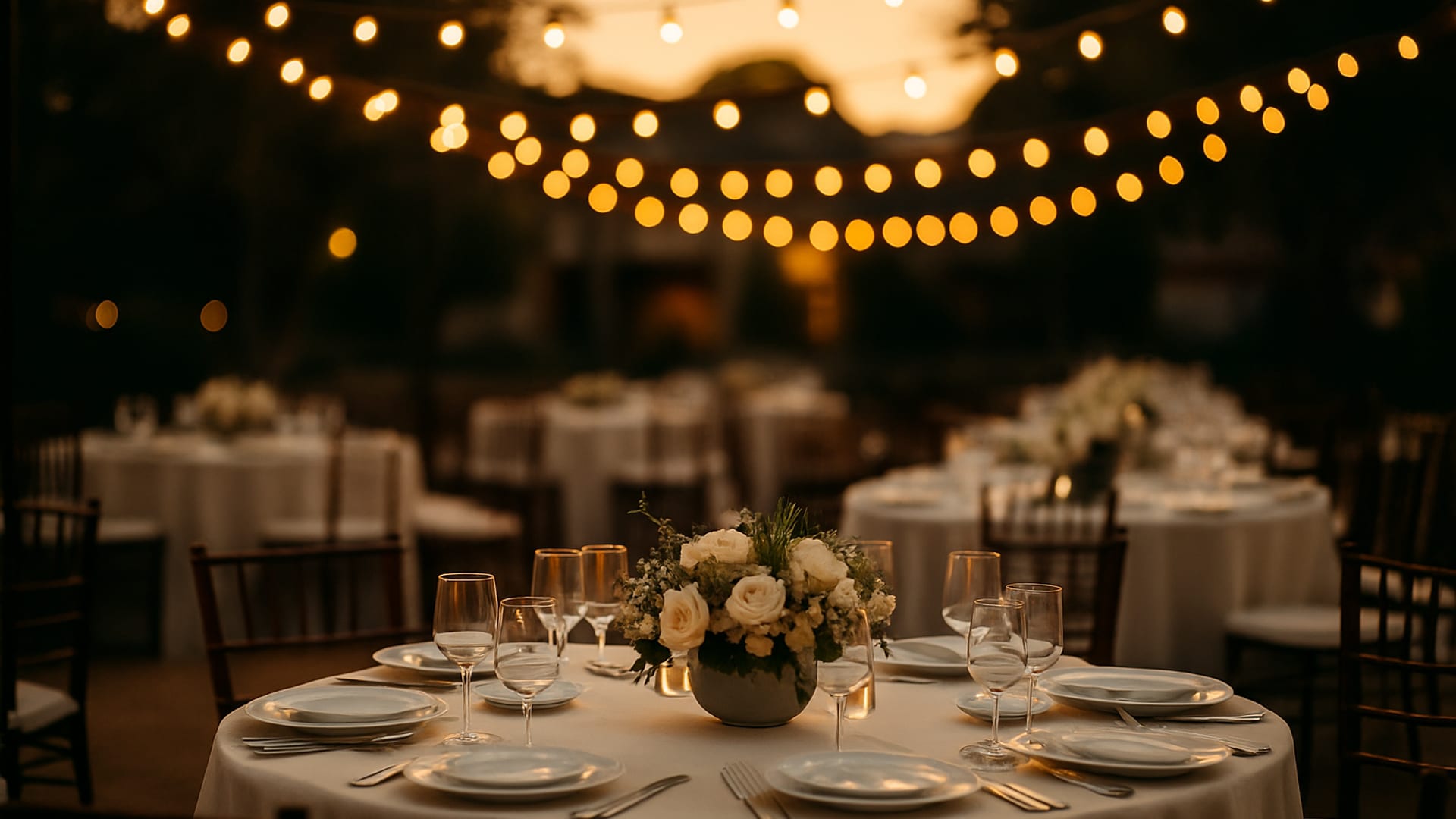 A charity gala at dusk with bistro string lights above empty round tables
