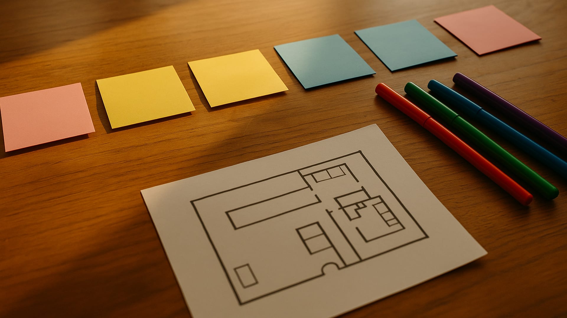 A scenario planning sheet on a table next to a facility map and pens