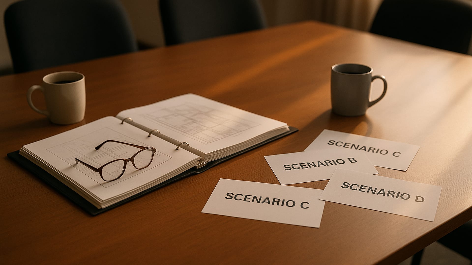 A notebook and pen on a conference table after a drill debrief session