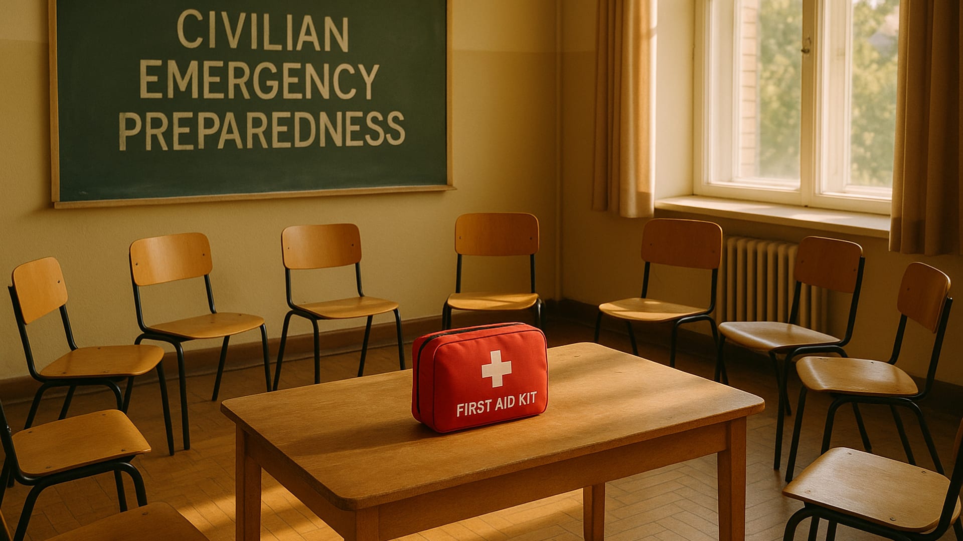 A quiet training room with triage colored tags laid out for demonstration