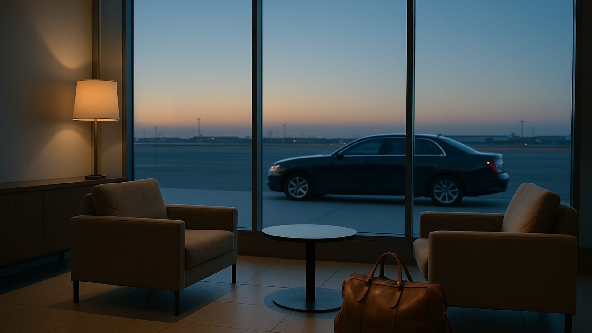 A calm hotel porte-cochere at dusk as discreet arrival preparation happens